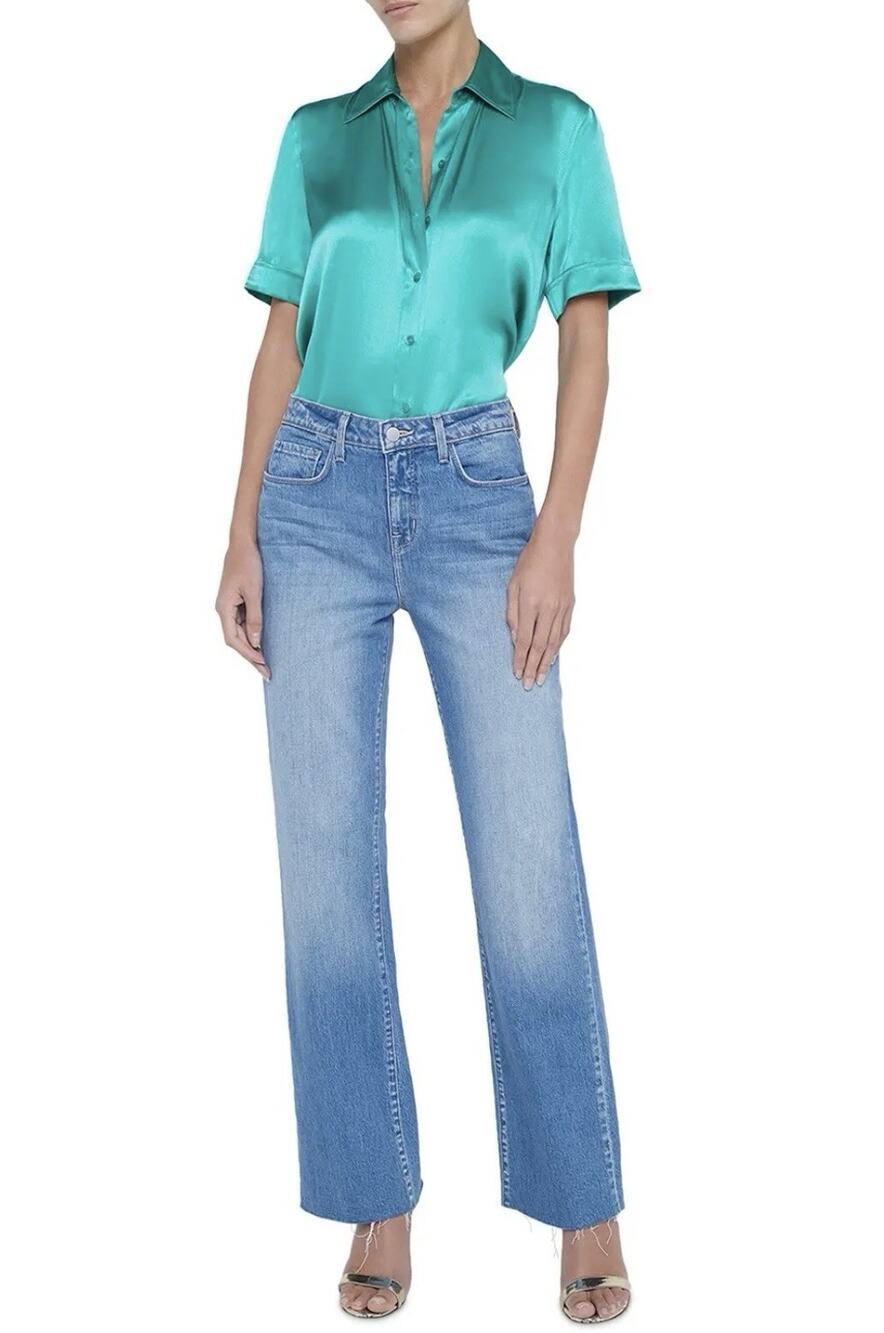L'AGENCE Tiana Wide Leg High Rise Raw Hem Seneca Wash Denim Jeans Sz 27